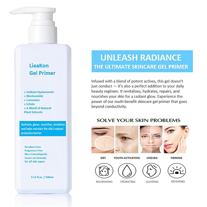 Leave-On Conductive Gel for Microcurrent & RF Devices with Hyaluronic Acid & Niacinamide, Fragrance-Free & Paraben-Free, Hydrating Nourishing Facial Gel Serum, 500mL