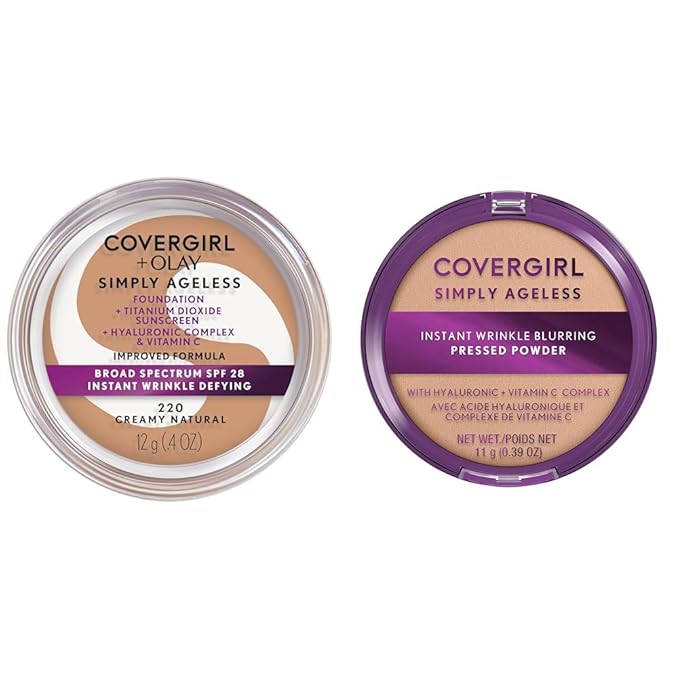 COVERGIRL Simply Ageless Instant Wrinkle-Defying Foundation Creamy Natural 0.44 Fl Oz & Instant Wrinkle Blurring Pressed Powder Classic Ivory 0.39 Oz