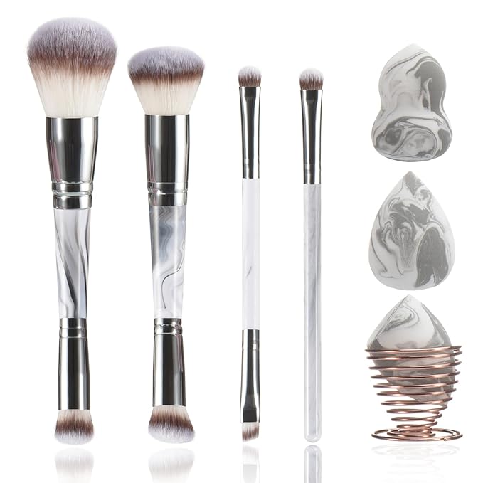 YJ-Anyue4PCS Dual-Ended Makeup Brushes & Blending Sponge Set, Professional Foundation Concealer Eyeshadow Kabuki Brush with, for Liquid Powder Cream, Vegan & Cruelty-Free