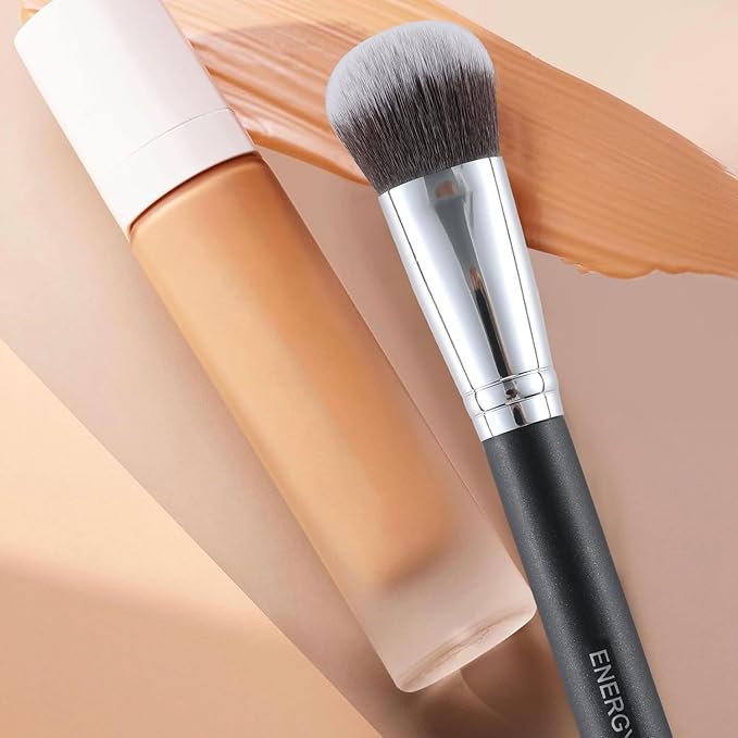 ENERGY Foundation Brush Expert Face Makeup Brush For Liquid Cream Powder Blending Buffing Buildable Coverage for Base Makeup Dense Vegan Synthetic Bristles Black