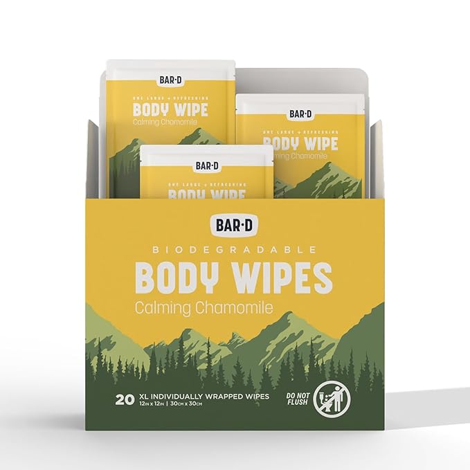 Bar-D Cleansing Face & Body Wipes for Women and Men - Individually Wrapped Biodegradable Shower Wipes with chamomile, 12x12 Inch, Pack of 20 (20 Count/Box), Chamomile scent