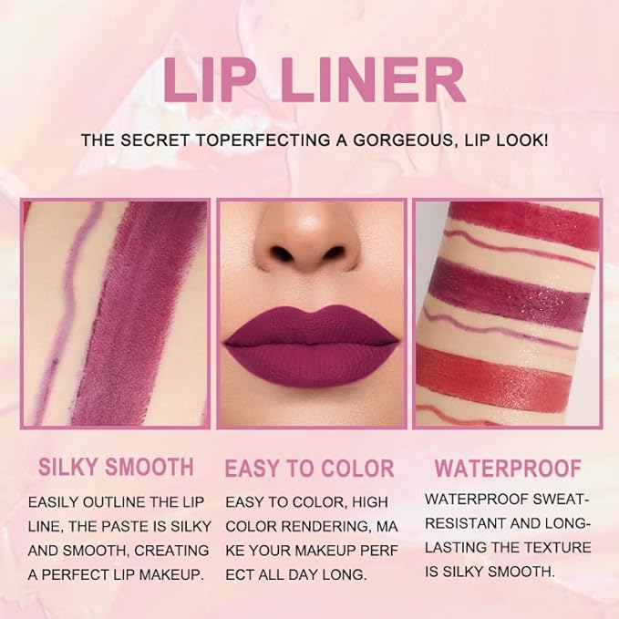 evpct 3Pcs Plum Purple Wine Mauve Red Lip Liner and Lipstick Set for Women Matte Matt 24 Hour Lipstick Pen and with Lip Liner Pencil Set Long Lasting 24 labial labiales mate 24 horas originales