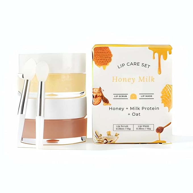 Lip Mask & Scrub Set(Honey + Milk Protein + Oat), Overnight Moisturizer for Cracked & Dry Lips Care, Hydrating Plumper Kit, Sugar Exfoliator Gift for Women