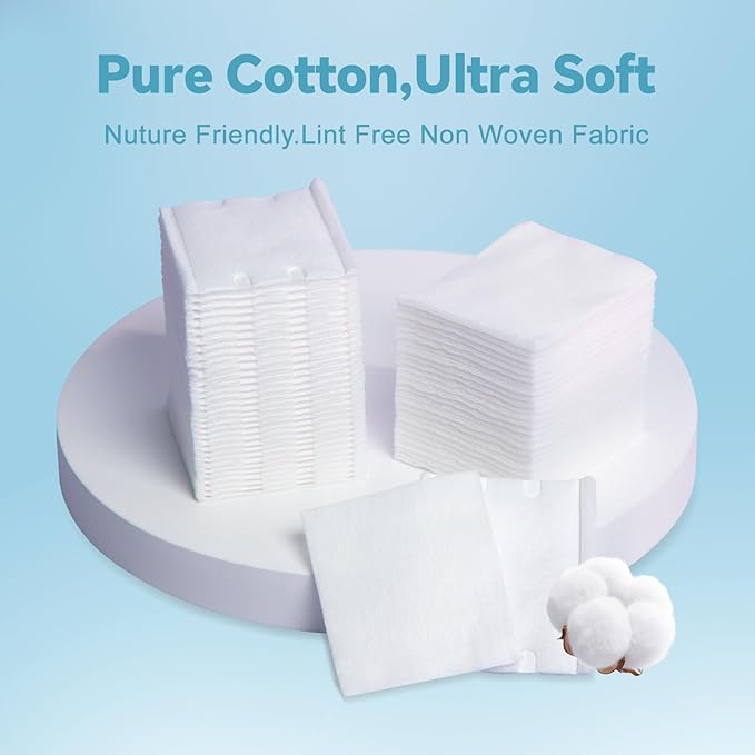 Square Cotton Pads for Face (500 Count) - 100% Pure Cotton, Soft Lint-Free Makeup Remover Pads for Facial and Eye Use, Double-Sided Design to Save Water, Hypoallergenic (100 Thick & 400 Ultra-Thin)