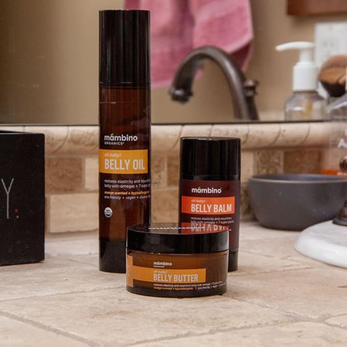 Mambino Organics Oh Baby! Belly Oil for Pregnant Women, Organic Stretch Mark Oil for Pregnancy, Postpartum Skin Elasticity, Hydration, Tamanu, Shea Butter, Calendula, Vegan, Non-GMO, 2 fl oz, 3-Pack