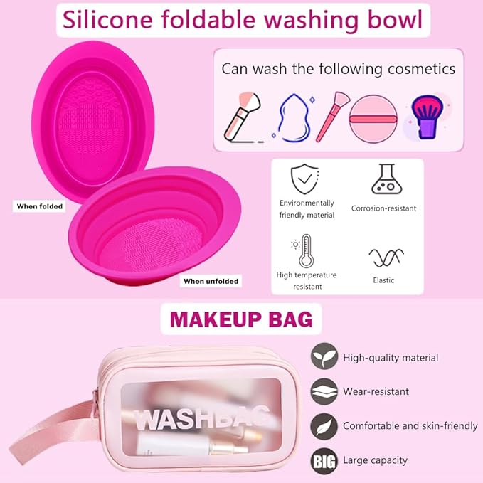 33PCS Makeup Foundation Brushes Tool Set with Sponges, Eyelash Curlers, Powder Puffs, Silicone Washing Bowls, Eye Aids, Nano Spray Bottles, Exfoliating Face Brushes, Eyebrow Trimming, Storage Bag
