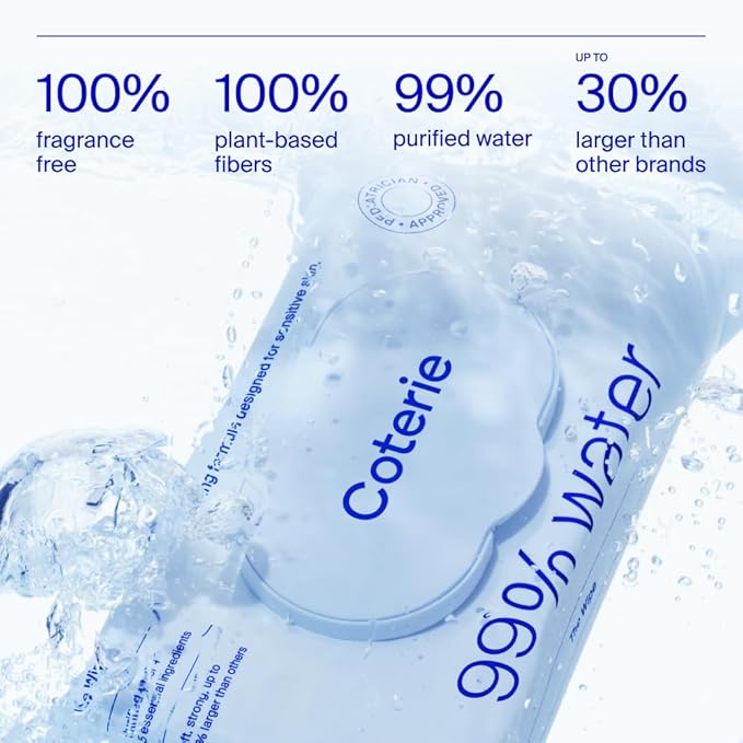 Coterie Baby Wipes for Sensitive Skin, Plant-Based and Plastic-Free Fibers, 99% Water, Hypoallergenic, pH Balanced, Unscented, Clean and Gentle Baby Essentials, 8 Pack, 448 Count