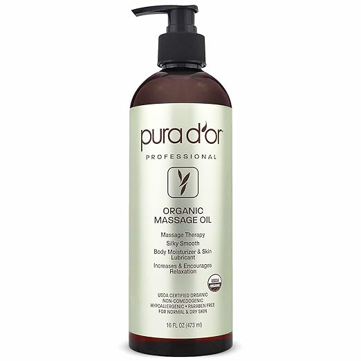 PURA D'OR 16 Oz Organic Massage Therapy Oil USDA Certified Almond, Apricot, Argan, Ginger, Jojoba, Lavender Oils for Silky & Softer Skin, Body Moisturizer & Skin Lubricant