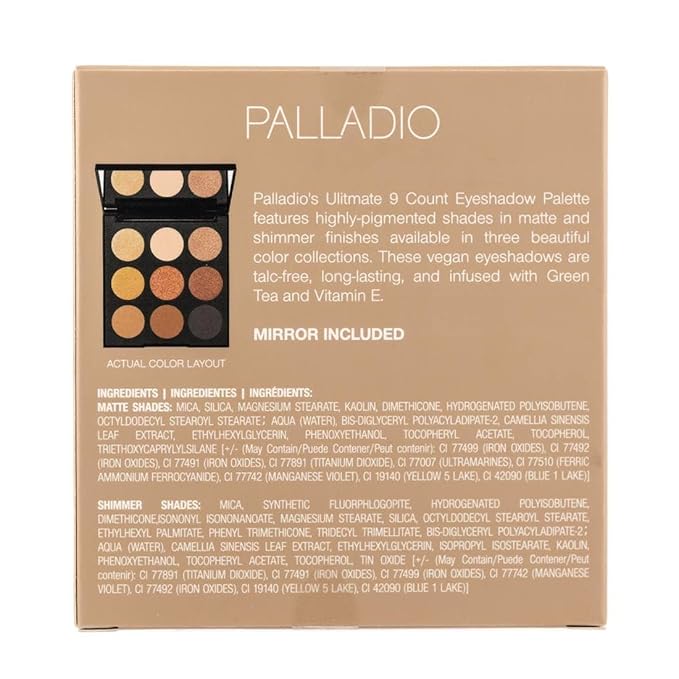 Palladio Ultimate 9-Count Eyeshadow Palette, Talc-Free Formula, High Pigmented Shades in A Mix of Matte & Shimmer Finishes, Blendable Long Lasting Colorful Professional-Grade Makeup (Golden Sands)