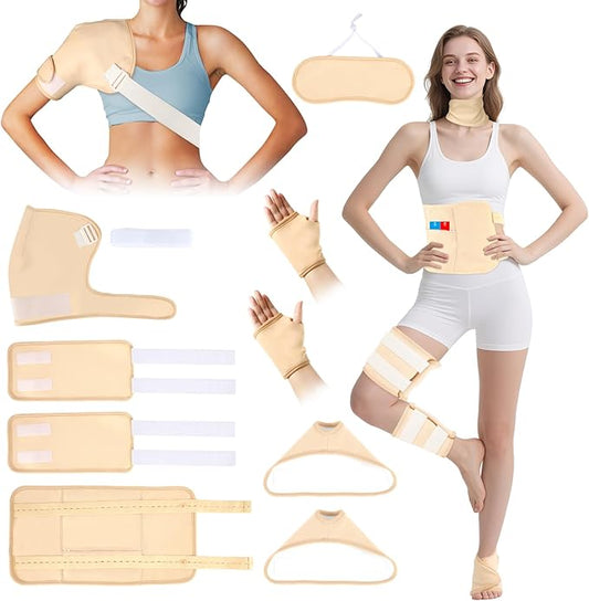 Castor Oil Pack Wrap, 9 Pcs Organic Castor Oil Packs Kit for Neck Shoulder Waist Back Hand Knee Leg and Feet, Castor Oil Patches Reusable Pads Kit for Hot/Cold Oil Wrap Compress for Woman/Man【Khaki】