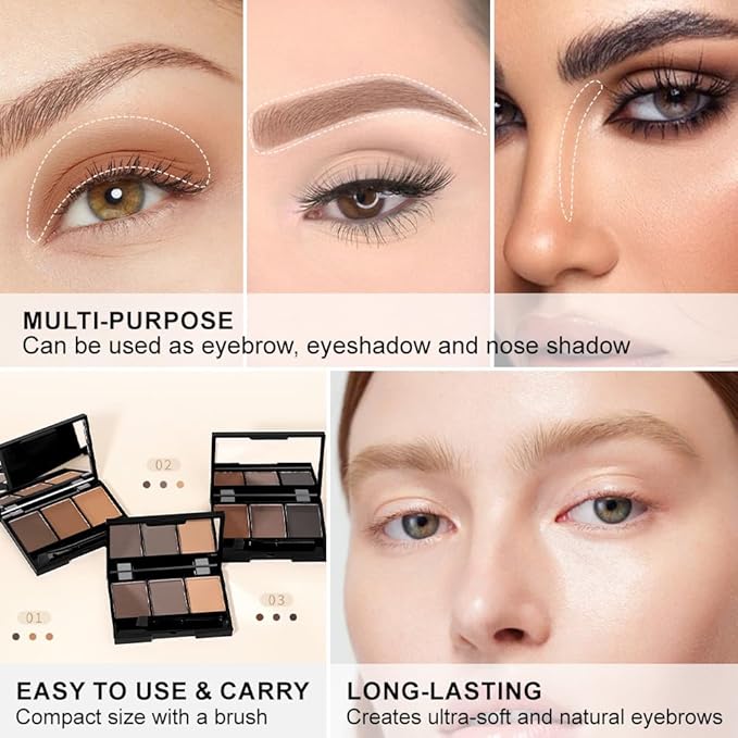 Eyebrow Powder Medium Brown Black Grey Kit,Eye Brow Powder for Women with Brow Brush,Long-Lasting Waterproof Three Colors Brow Filler Get Full Defined Natural Brows,Brown Eyebrow Powder Makeup
