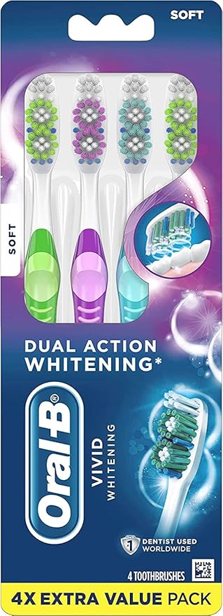 Oral-B 3D White Stain Eraser, 4 count SOFT manual tootbrush pack, Removes Stains, Whitens Teeth, Tongue and Cheek Cleaner