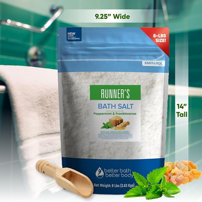 Runner's Bath Salt 128 Ounces (8 Lbs) Soothing Epsom Salt Bath Soaks with Natural Peppermint and Frankincense Essential Oils Plus Vitamin C in BPA Free Pouch with Easy Press Lock Seal Made in USA