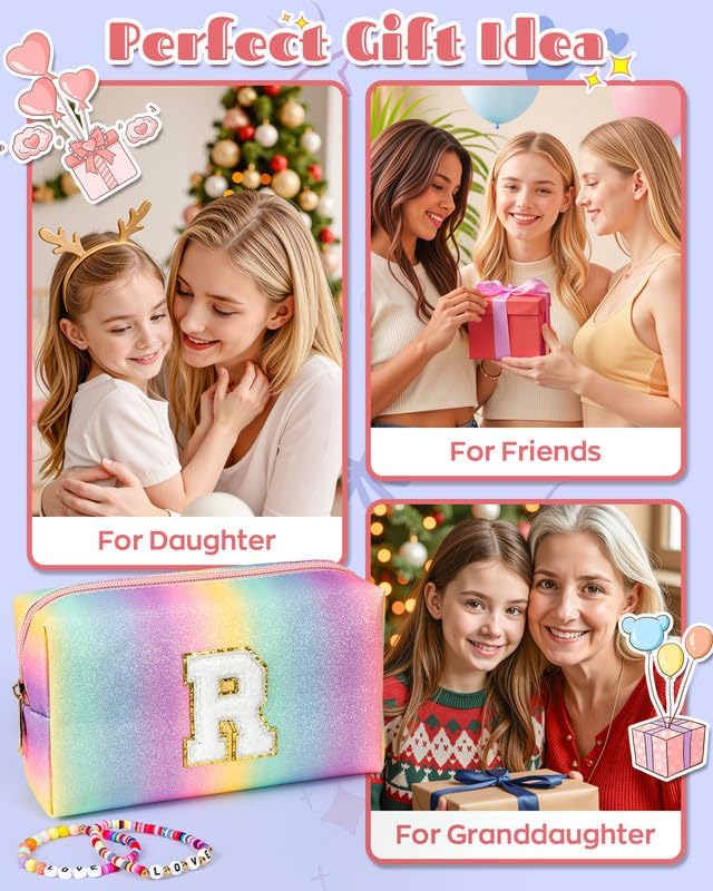 Gifts for Girls, Personalized Makeup Skincare Bag with Zipper, Rainbow Color Chenille Letter Pouch, Girly Toiletry Bag, Cute Trendy Stuff for Granddaughter Daughter Niece (Medium)