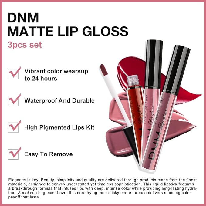 AMY'S DIARY 3Pcs Matte Liquid Lipstick Set, Classic Red Soft Pink Nude Rosewood Mauve Lip Stain Kit, LipStain Long Lasting 24 Non-Transfer Lip Gloss, Waterproof Lip Makeup for Women Lippies
