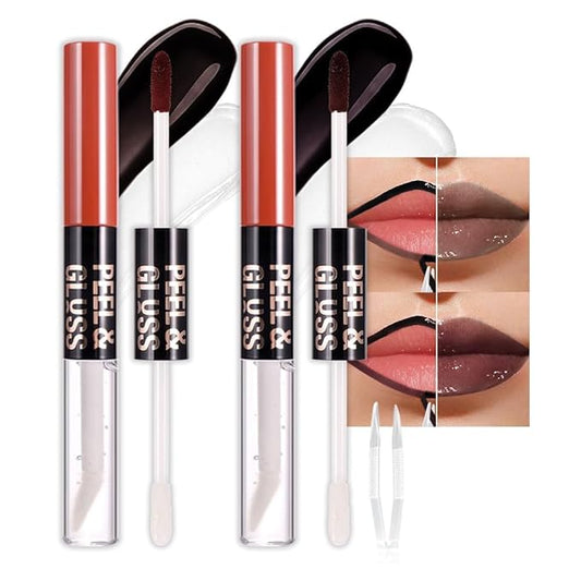 2Pcs Peel off Lip Stain Lip Oil Dual Ended Combo Set with Tweezer, 2 in 1 Brown & Maroon Lips Liner Stain Oil Long Lasting Waterproof, High Pigmented Flawless Lips Tint Stick Not Faded