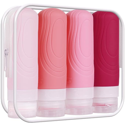 GLAMFIELDS TSA Approved Travel Bottles for Toiletries, 3oz Size Leak Proof Silicone Containers for Shampoo, Conditioner,Easy to Squeeze and Portable, Essentials for Traveling (4 Pack) Pink