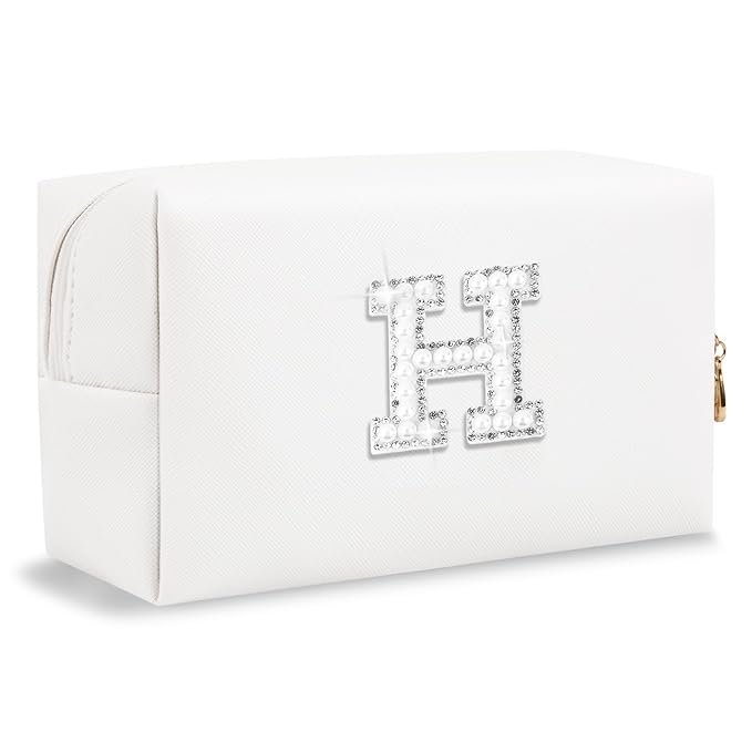 Bride Gifts – Personalized Initial Makeup Bag with Pearl Rhinestone Patch, Preppy White Monogram Cosmetic/Toiletry Pouch, bridesmaid Gifts, Bridal Shower Gifts, Wedding Gifts, Bridal Gifts,H