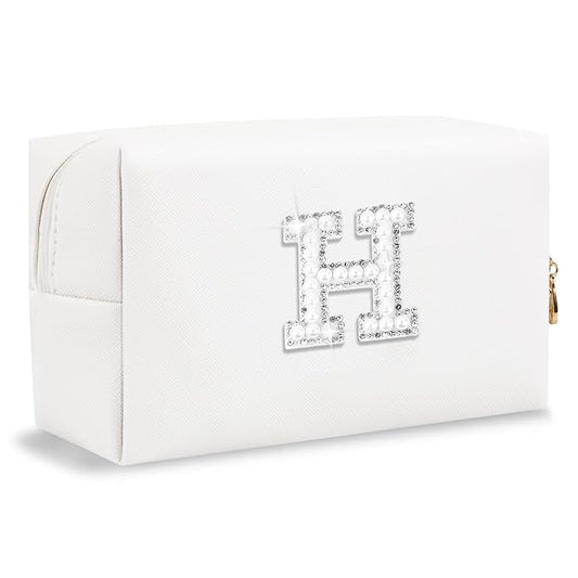 Bride Gifts – Personalized Initial Makeup Bag with Pearl Rhinestone Patch, Preppy White Monogram Cosmetic/Toiletry Pouch, bridesmaid Gifts, Bridal Shower Gifts, Wedding Gifts, Bridal Gifts,H