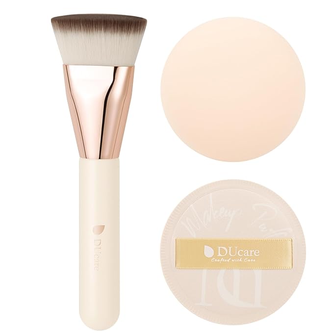DUcare Foundation Brush for Liquid Makeup, Flat Top Professional Kabuki Brush with Puff Buffing Blending Mineral Powder Large Makeup Face Brush