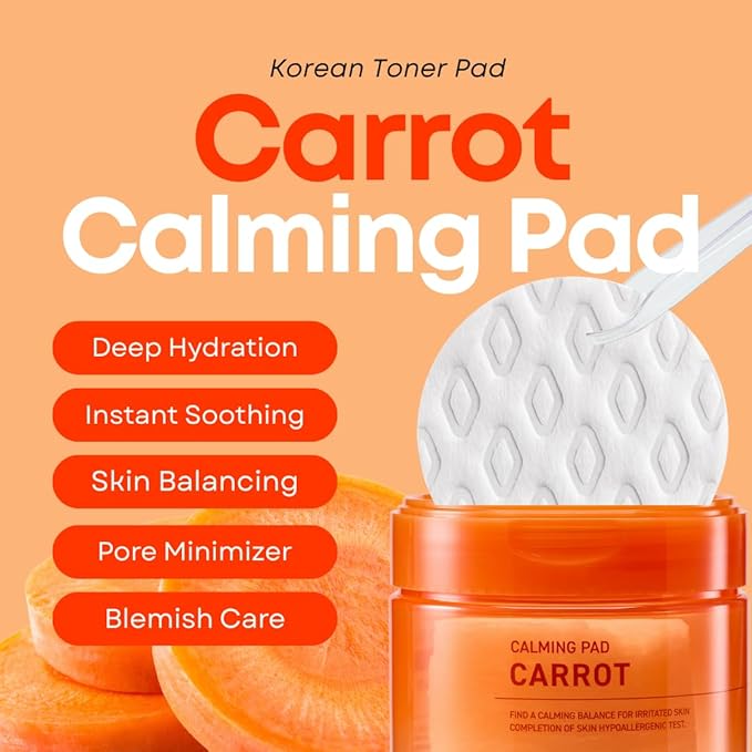 Carrot Calming Toner Pads – Korean Toner Pads with Centella Asiatica, Redness Reducing Skin Care, Pore Minimizer, Soothing & Hydrating with Jeju Carrot Extract, 100% 7 Layer Cotton 40 Pad