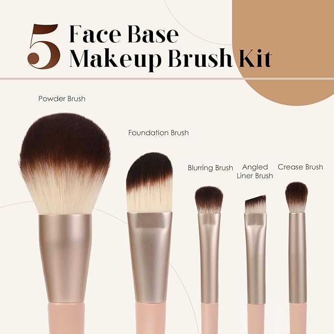Professional Face Makeup & Foundation Brush Set 5Pcs, Premium Base Brush Kit For Face, Foundation Brush Blush Brush Blurring Angled Liner Crease Brush