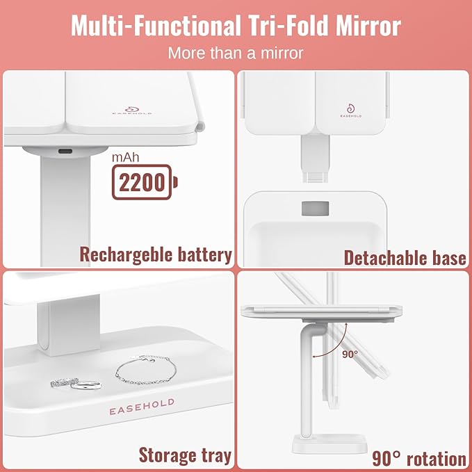 EASEHOLD Vanity Mirror with Lights, 2X 3X Magnification, Trifold, Rechargable, Touch Control - Gifts for Girls & Women