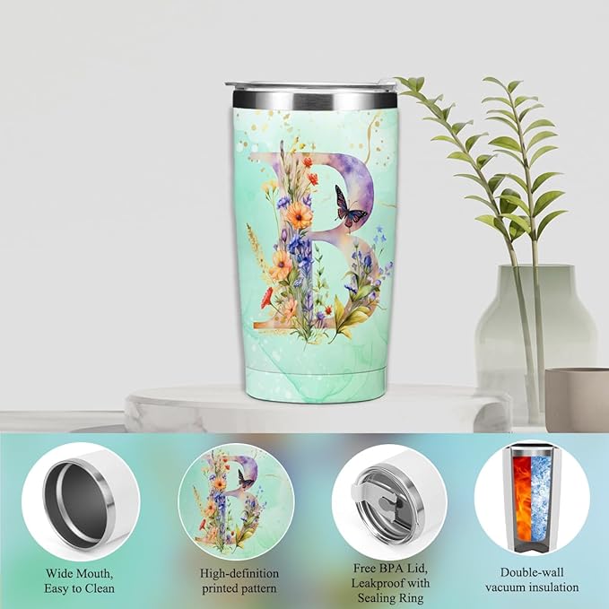 Personalized Gifts Monogrammed Birthday Gifts for Women, Cowerker Mom Mothers Day Christmas Initial 20 oz Tumbler, Makeup Bag Cup Ballpoint Pens Journal Notebook 6 Set, (Aesthetic Green Flower B)