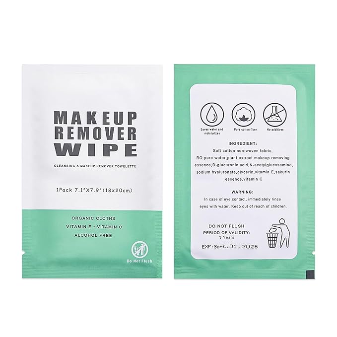 50 Individually Wrapped Makeup Remover Wipes - Bulk Face Cleansing Wipes, Travel Towelette Makeup Remover Cloth for Face Cleansing