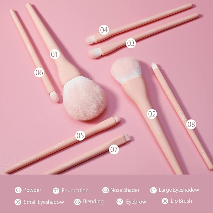 MSQ Make Up Brushes 8Pcs Makeup Brush Set Foundation Brush Blending Brush Eyeshadow Brushes Eye Brushes Set with Bag (Pink)
