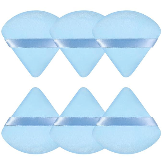 Pimoys 6 Pieces Powder Puff Face Soft Triangle Makeup Puff for Loose Powder Setting Powder, Velour Makeup Blender Sponge Set Beauty Makeup Tool, Blue