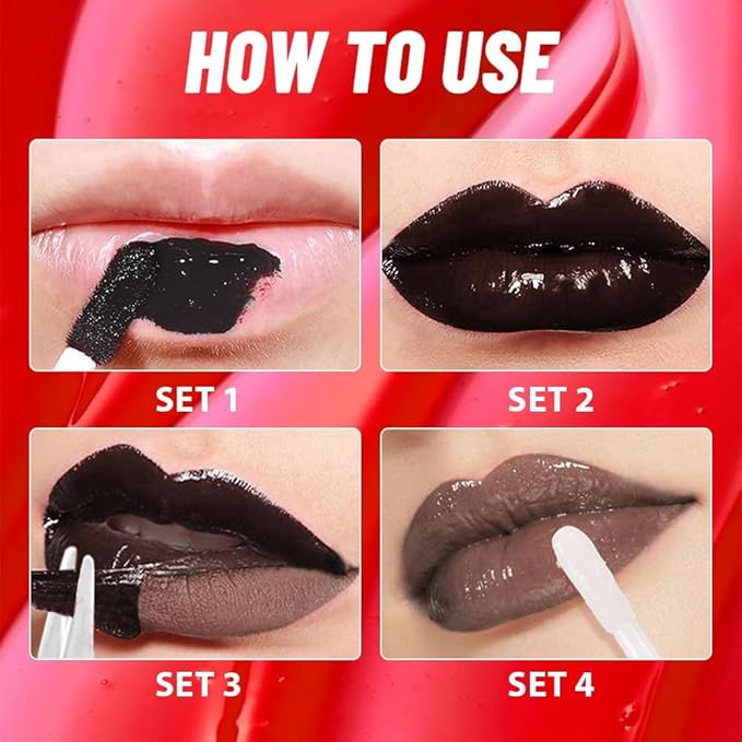 2Pcs Peel off Lip Stain Lip Oil Dual Ended Combo Set with Tweezer, 2 in 1 Brown & Maroon Lips Liner Stain Oil Long Lasting Waterproof, High Pigmented Flawless Lips Tint Stick Not Faded