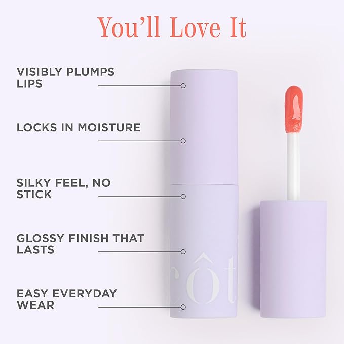 Côte Beauty's Peptide Lip Shine in Branson, Ultra Hydrating & Long-Lasting Coral Plumping Lip Gloss for Women with Hyaluronic Acid, Shea Butter & Jojoba Oil, Vegan & Cruelty-Free, 0.12 Fl Oz