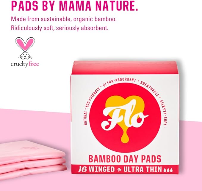 Flo Bamboo Day Period Pads with Wings (16 Pads) - Super Absorbent, Soft, Thin