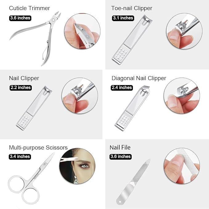 ZIZZON Manicure, Pedicure Kit, Nail Clippers Set of 12Pcs, Professional Grooming Kit, Nail Tools with Luxurious Travel Case Black