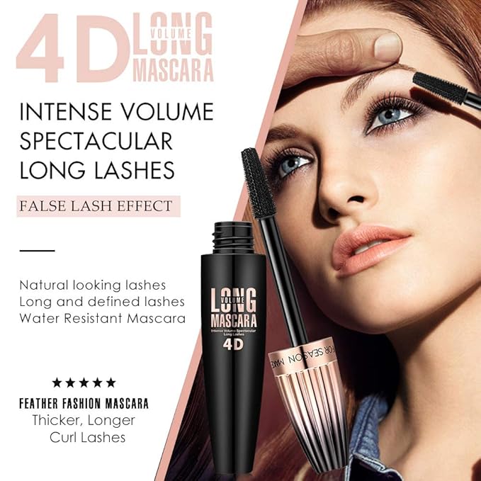 4D Silk Fiber Lash Mascara, Waterproof Long Lasting Mascara Black Volume and Length Natural, Exquisitely Full, Lengthening Thickening Softer Fuller Lashes Amplify Smudge-Proof Eyelash Mascaras,1 Pack