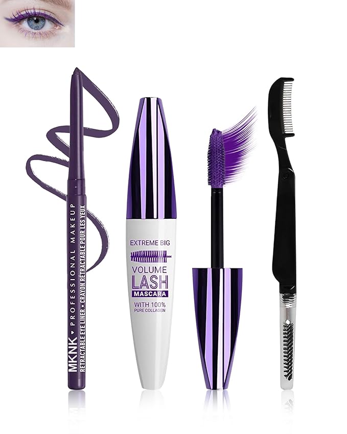 Purple Waterproof Colored Mascara&Eyeliner,5D Fiber Mascara for Eyelashes Volume and Length,Smudgeproof Color Waterline Gel Eye Liner Pen Lengthening Curling Máscara Women Party Stage Use Makeup Gift