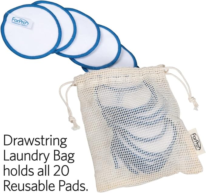 ForPro Professional Collection Expert Reusable Cotton Rounds (20 Pack), 100% Organic and Bamboo Makeup Remover Pads, Includes Drawstring Laundry Bag and Storage Container