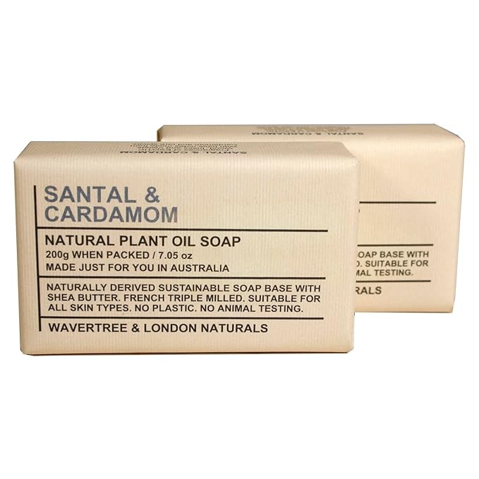 Wavertree & London Santal & Cardamon Scented Natural Soap Bars (2 Bars), 7oz Moisturizing French Triple Milled Soap enriched with shea butter - Plant Oil Bath & Body Soap Bars [100% Naturally derived]