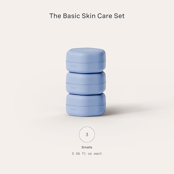 Cadence Travel Containers Basic Skincare Set - Magnetic Containers with Lids,Carry On Travel Essentials For Women/Men - 3 Small Capsules (0.56oz) - Cleanser, Moisturizer & Sun-Icon Labels - Pacific