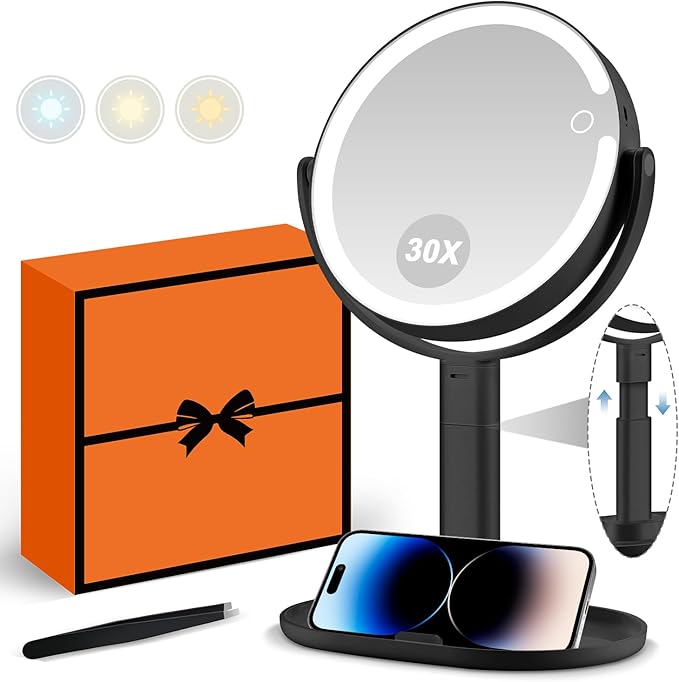 MIYADIVA Makeup Mirror with Lights, 30X Magnifying Mirror with Light and Touch Switch, Vanity Mirror with 3 Color Light and 80 LEDs, Height Adjustable Desk Mirror with Lights, Black