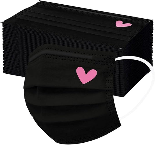 50pcs Cute Disposable Face Masks, Pink And Black Masks with Hearts Printed, 3-Ply Full Face Protection for Women Teen Girls