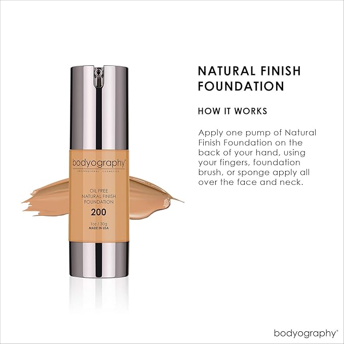 BODYOGRAPHY - NATURAL FINISH Foundation (Med/Dark#200): Oil-Free Anti-Aging Salon Natural Finish w/ Vitamin E, C, Antioxidants | Vegan, Gluten-Free, Paraben-Free