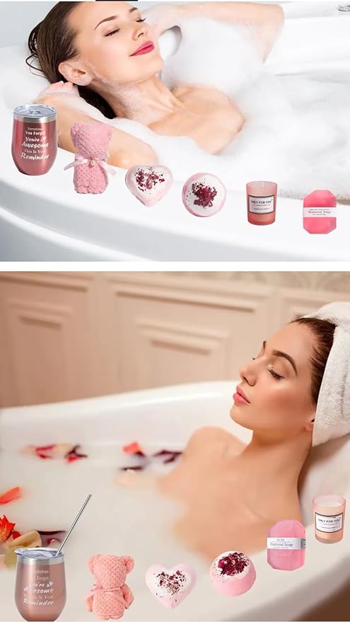 Pink Gift Set for Women with Tumbler, towel,sleep eye mask, cute bow headband,scented candle, rose gold mirror, Bath Accessories and Decorative Box