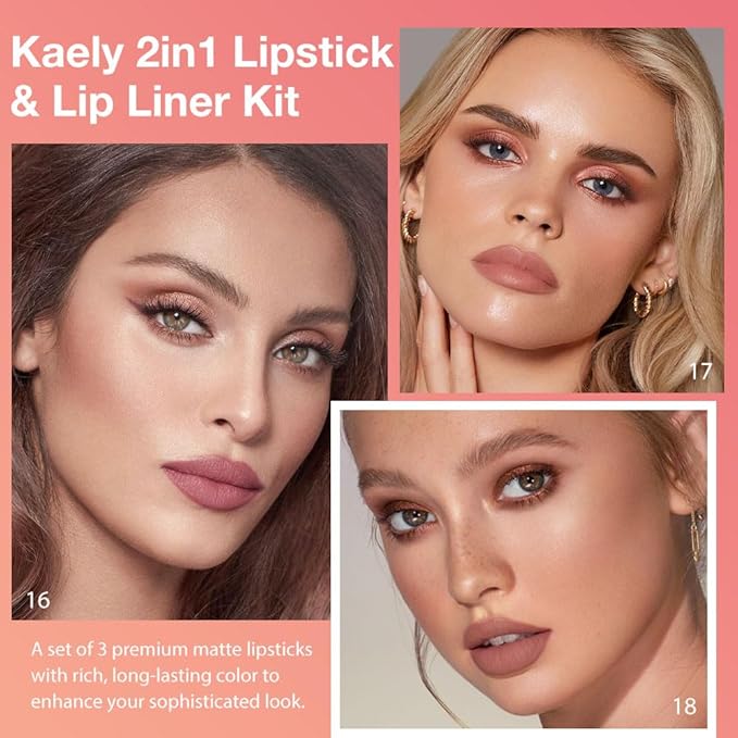 evpct 3Pcs Antique Dusty Rose Nude Pink Brown Gradient Matte Lipstick Lip Liner Crayon Combo Pencil Set for Women Long Lasting, Cream Lip Liner and Lipstick Combo Makeup，Flawless Gradual Ombre Effect