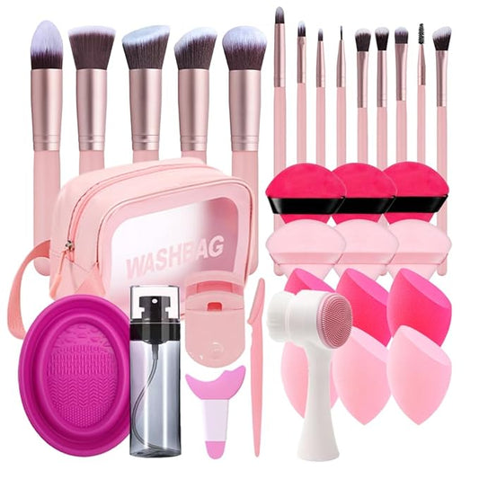 33PCS Makeup Foundation Brushes Tool Set with Sponges, Eyelash Curlers, Powder Puffs, Silicone Washing Bowls, Eye Aids, Nano Spray Bottles, Exfoliating Face Brushes, Eyebrow Trimming, Storage Bag