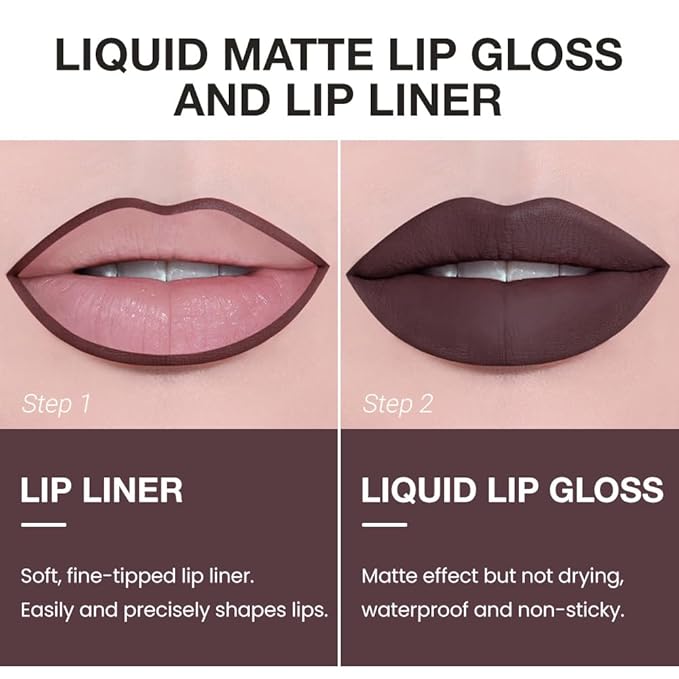 AMY'S DIARY 2pcs Chocolate Lip Liner & Lipstick&Shiny Clear Lip Oil Makeup Set, Liquid Lipstick 24H and Lip Liner Set Matt Liquid Lips Make Up Waterproof Long Lasting (02#, 2 Pcs Set)