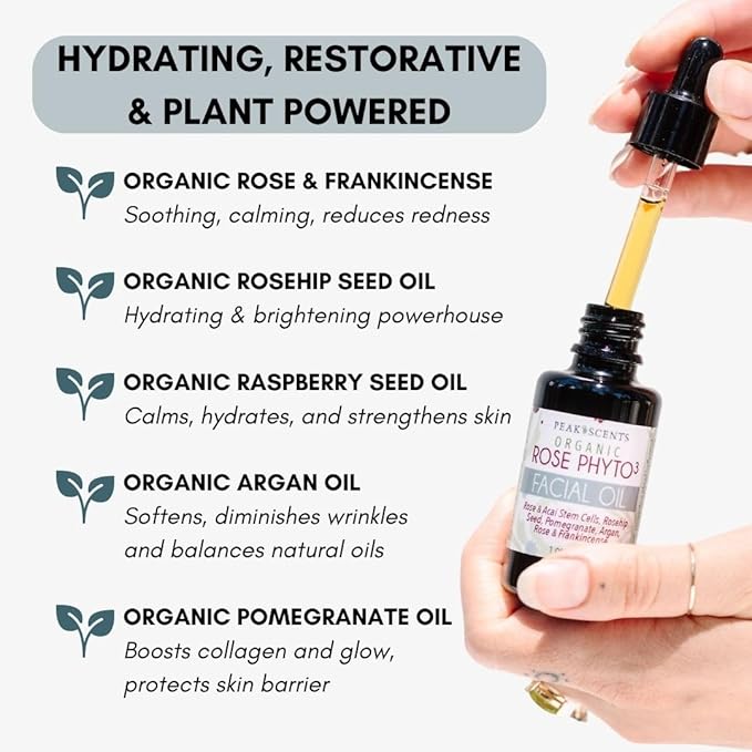 Peak Scents Organic Rose Phyto Facial Oil - Rosehip and Argan Oil Infused with Rose Extract and Frankincense Essential Oil - Ideal for Gua Sha Massage, Anti-Aging Face Oil (1oz)