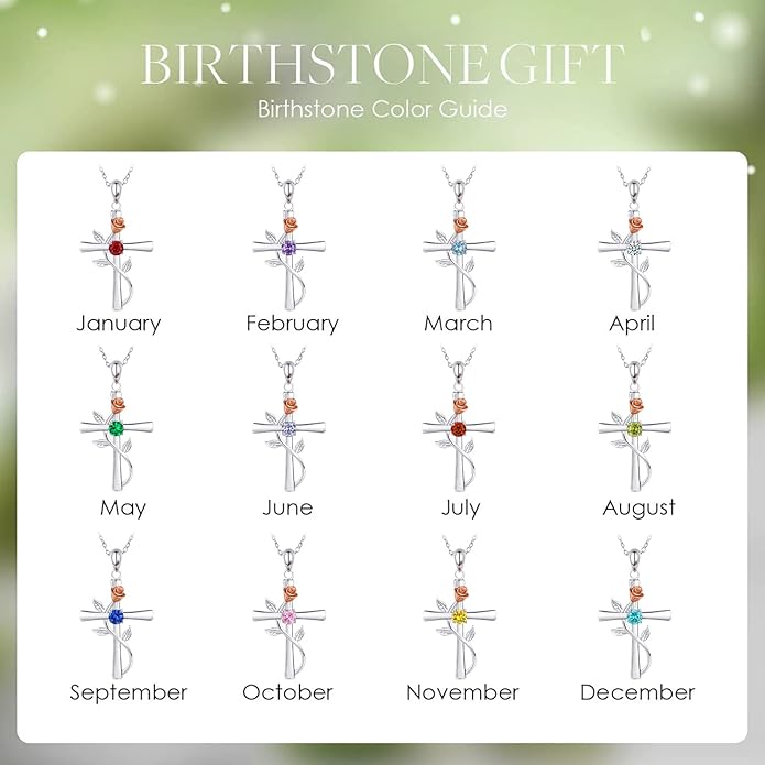 Cross Necklace for Women, 925 Sterling Silver Birthstone Necklace for Women with Rose Flower Birthstone Womens Jewelry Birthday Gifts for Wife Women