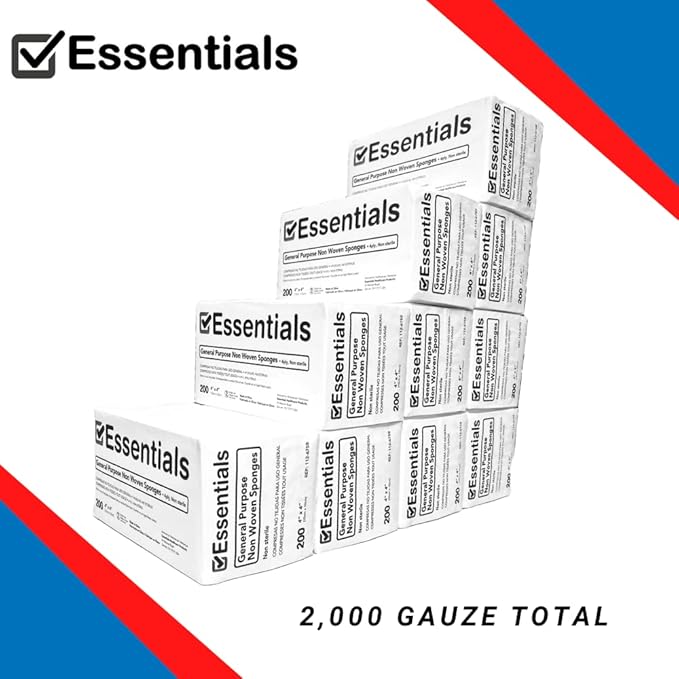 Essentials Non-Sterile Gauze Sponges – One (1) Full Case (10 Packs of 200), 4-Ply, 4’’ x 4’’ Pads, One Package, Non-Woven Sponges, Wound Care Product for First Aid Kit/Medical Facilities